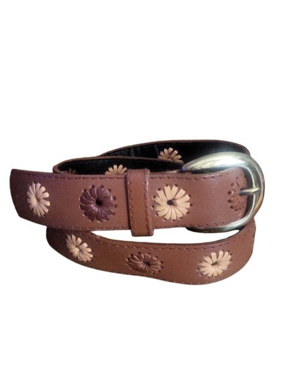 Vintage Liz Claiborne Brown Leather Floral Adjustable Belt Brass Buckle S/M